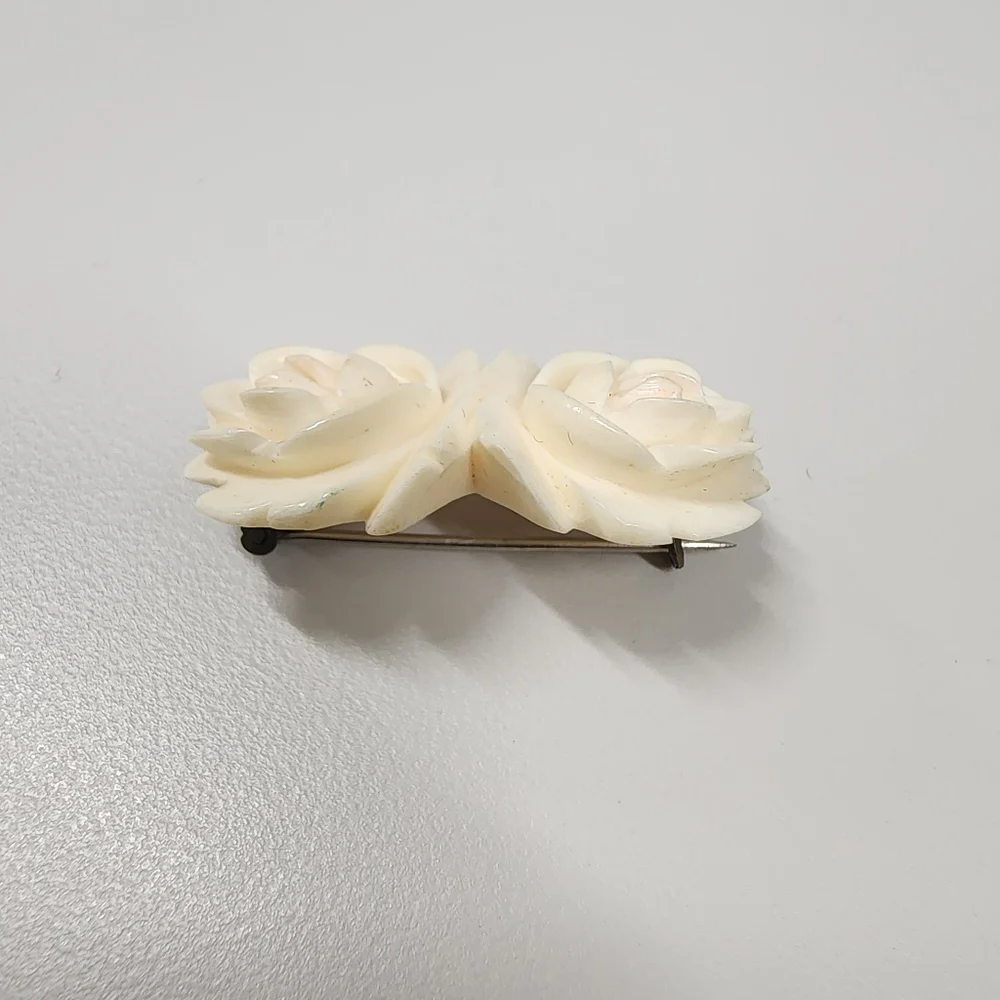 Vintage Carved Rose Brooch Creamy Off-White Double Flower Floral Pin Victorian